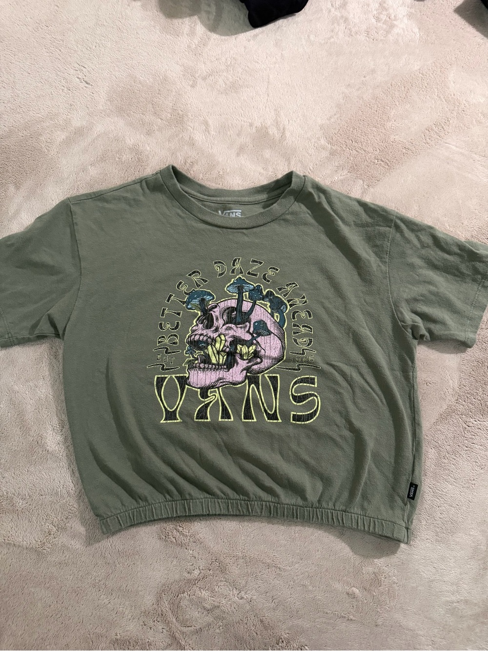 Vans Olive Graphic Skull Tee with Pink & Neon Accents